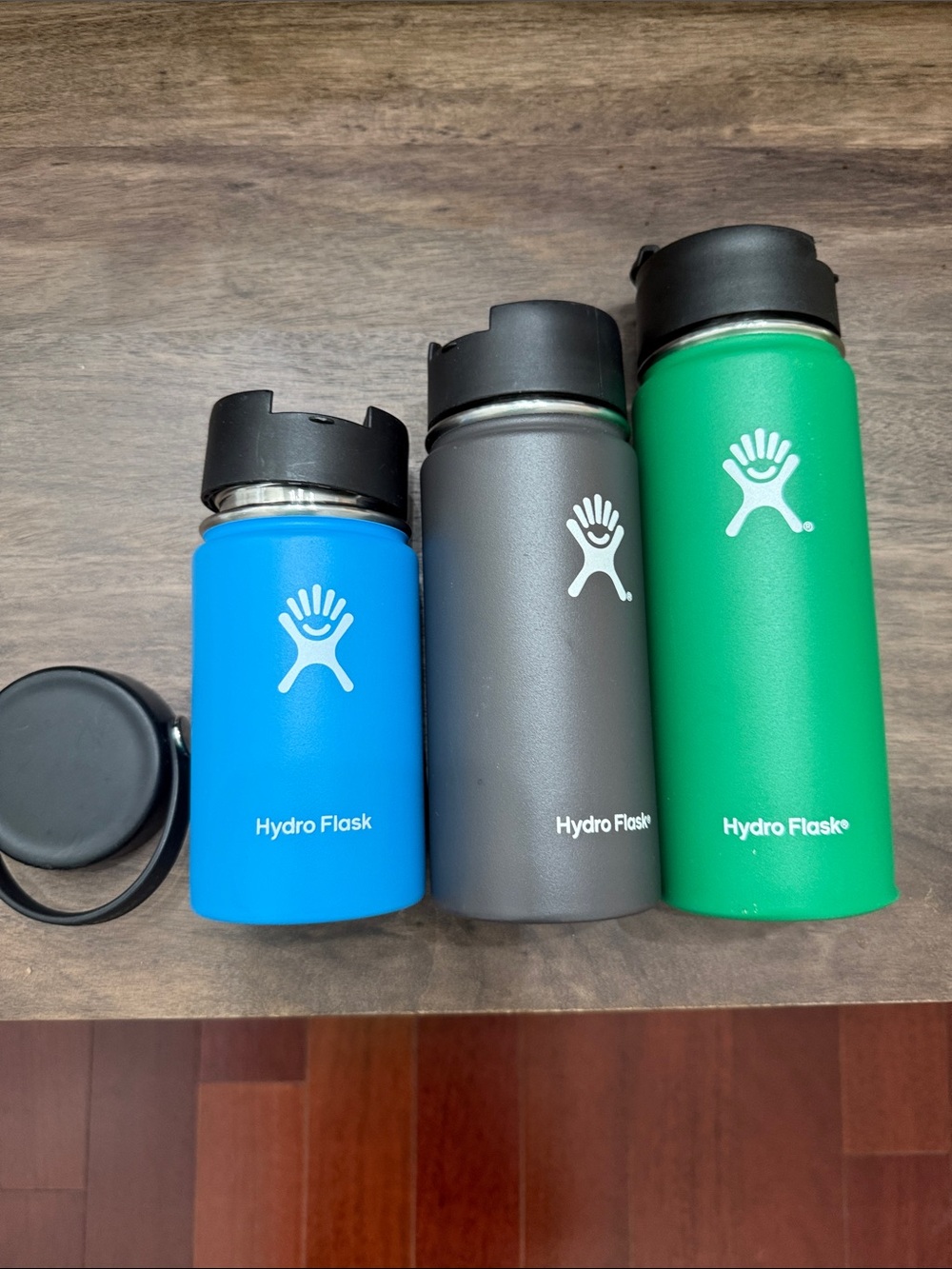 Hydro Flask Trio - Blue, Gray, Green Insulated Bottles and extra top